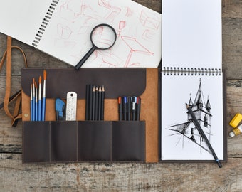 Handmade Leather Sketchbook Cover with Pen Holder: Personalised A5 Artist Journal