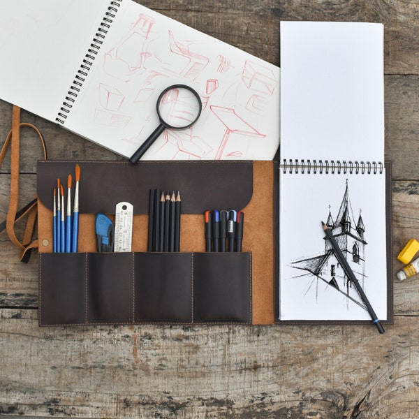 Handmade Leather Sketchbook Cover with Pen Holder: Personalised A5 Artist Journal