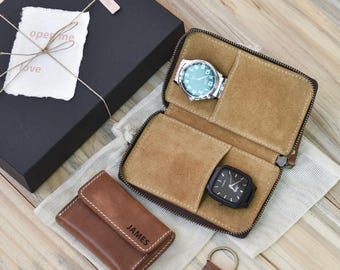 Leather Gift Set, Watch Travel Case, AirTag Key Holder, Business Card Holder