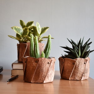 Set of 2, Indoor leather planter for home decor, Designer handmade plant pot for Gifting, balcony, leather plant holder for home and office image 1