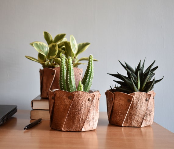 Set of 2 Handmade Leather Plant Pot: Home & Office Decor - Etsy