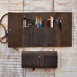 Personalized Leather Pencil Roll: Dark Brown Pen & Brush Organizer