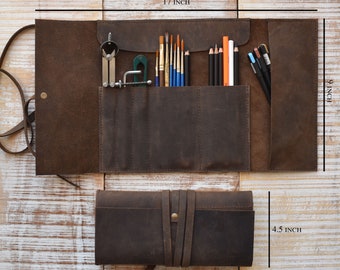 Personalized Leather Pencil Roll: Dark Brown Pen & Brush Organizer