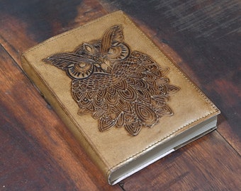 Handmade Leather owl Journal, Notebook or Sketchbook , vintage Brown natural paper