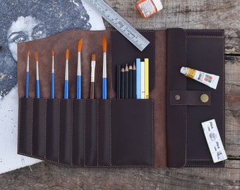Personalized Leather Paint Brush Roll: Artist Pen & Pencil Case