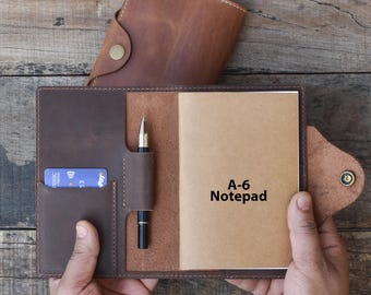 Handmade Leather A6 Notepad Cover | Refillable Journal | Travel Notebook Wallet | Card & Pen Holder