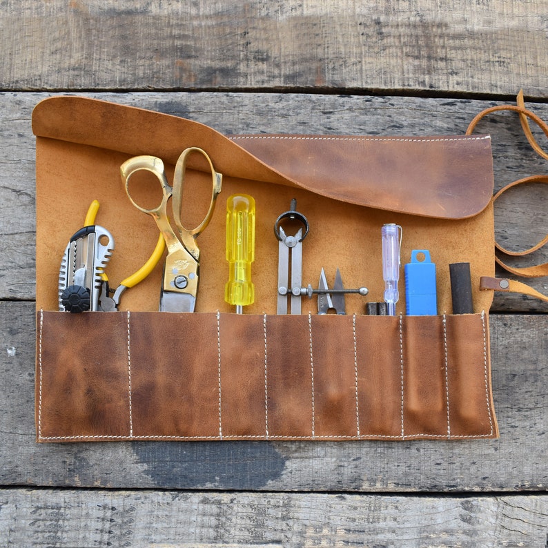 leather roll, artist roll, leather pencil roll, leather pencil case, leather tool case, paint brush holder, craft tool roll, Pencil Wrap image 2