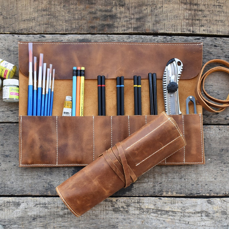 leather roll, artist roll, leather pencil roll, leather pencil case, leather tool case, paint brush holder, craft tool roll, Pencil Wrap image 1