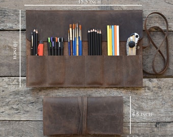 leather roll, artist roll, leather pencil roll, leather pencil case, leather tool case, paint brush holder, craft tool roll, Pencil Wrap