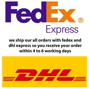 May include: The FedEx Express logo in purple and orange text sits above black text that reads: we ship our all orders with fedex and dhl express so you receive your order within 4 to 6 working days. Below this is the red DHL logo on a yellow background.