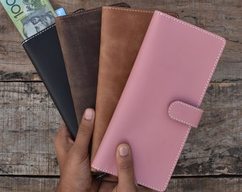 Personalized Leather Wallet Clutch: Slim Card Holder, Phone Pocket
