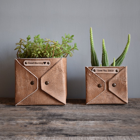 Handmade Leather Plant Pot Set: Veg Tan Home Decor - Etsy
