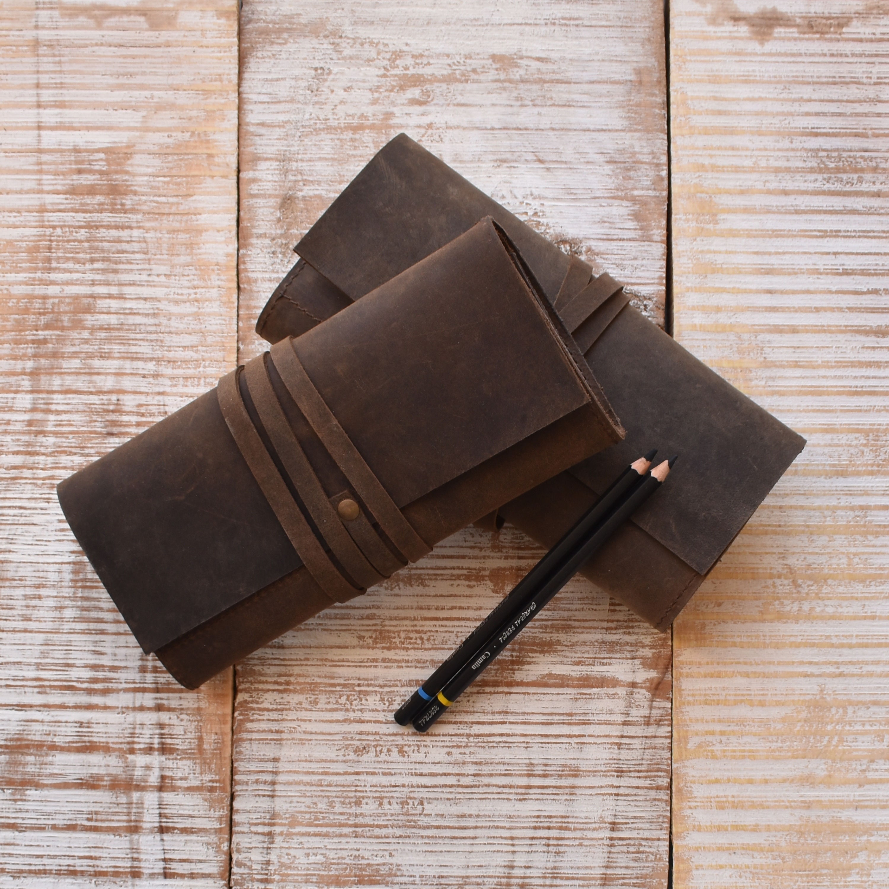  Rustic Genuine Leather Pencil Roll - Pen and Pencil Case - Dark  Brown : Arts, Crafts & Sewing