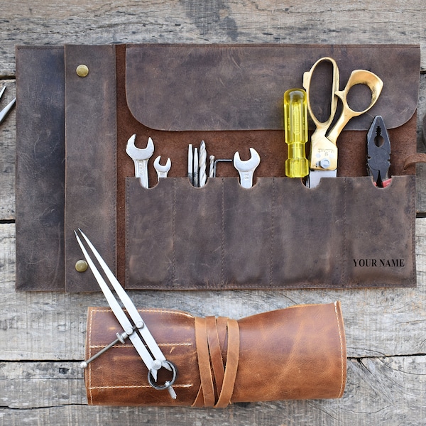 Personalized Leather Tool Roll, Custom Tool Organizer, Gift for Him