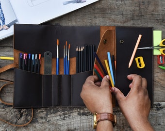 Rouleau d'artiste en cuir fabriqué à la main, étui à crayons, porte-crayon, rouleau d'artiste en cuir fait à la main, enveloppement de crayon, porte-pinceau,