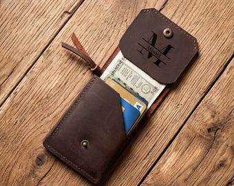 Personalized Top Grain Leather Slim Wallet, Minimalist Card Holder, Custom Engraved Gift