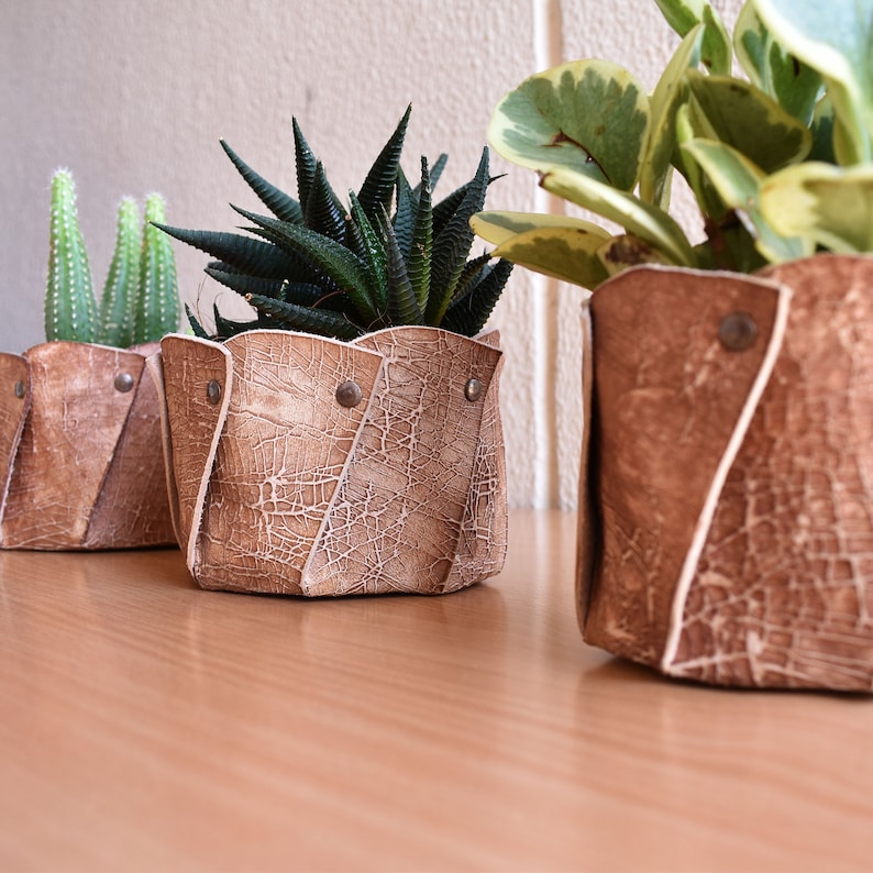 Set of 2, Indoor leather planter for home decor, Designer handmade plant pot for Gifting, balcony, leather plant holder for home and office image 2