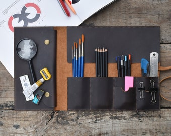 Handmade Leather Artist Roll: Pen, Pencil & Brush Holder