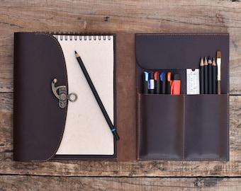Handmade Leather Sketchbook Cover A5: Refillable Travel Journal with Pen Loop