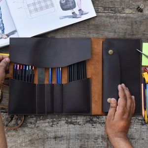 Handcrafted Leather Artist Roll, pencil case, Pencil Holder,Handmade Leather Artist Roll, pencil Wrap, Paint brush holder , imagem 5