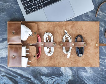 Handmade Leather Cord Organizer: Travel Charger Roll-Up Bag