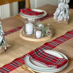 Scottish Christmas Table runner, Rustic Cabin Style Table Runner, Woodland Burlap Dinner Decor, Rustic Tartan Table decor, Farmhouse Decor image 2