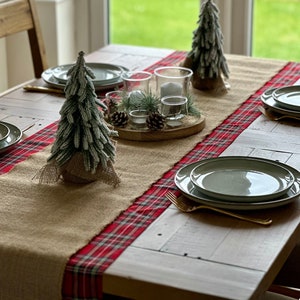 Scottish Christmas Table runner, Rustic Cabin Style Table Runner, Woodland Burlap Dinner Decor, Rustic Tartan Table decor, Farmhouse Decor image 9