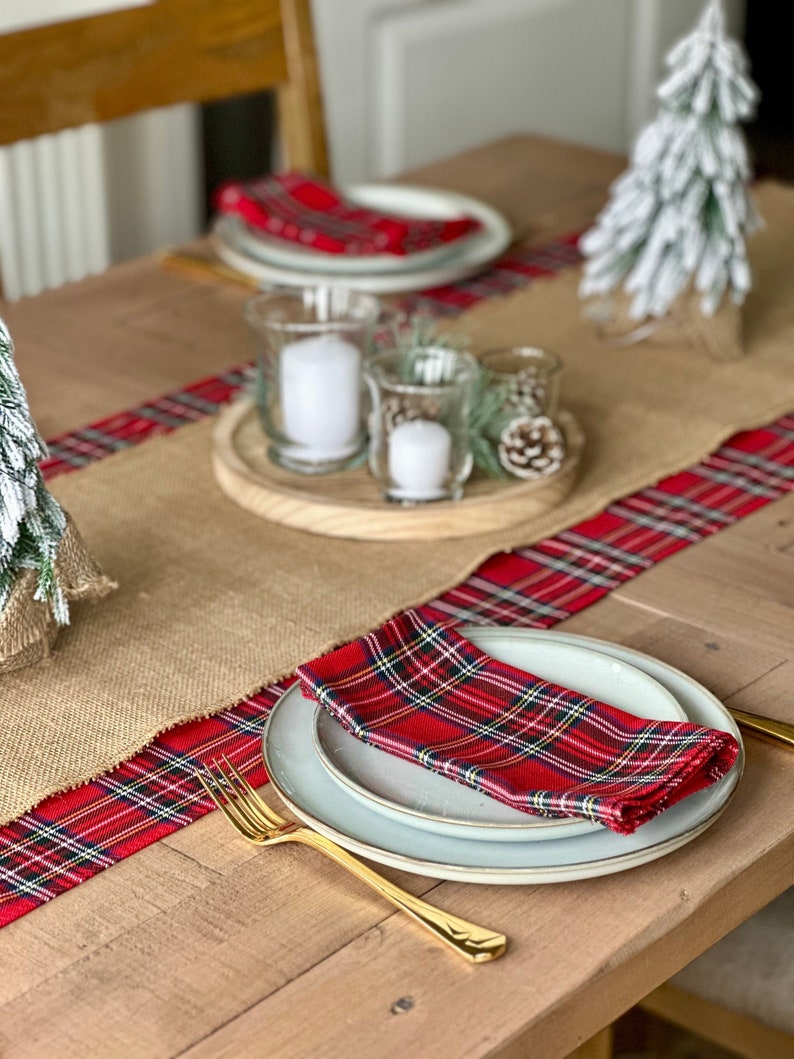 Scottish Christmas Table runner, Rustic Cabin Style Table Runner, Woodland Burlap Dinner Decor, Rustic Tartan Table decor, Farmhouse Decor image 2