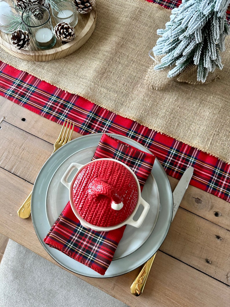 Scottish Christmas Table runner, Rustic Cabin Style Table Runner, Woodland Burlap Dinner Decor, Rustic Tartan Table decor, Farmhouse Decor image 4