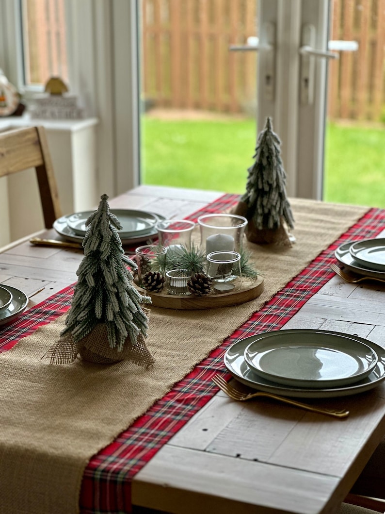 Scottish Christmas Table runner, Rustic Cabin Style Table Runner, Woodland Burlap Dinner Decor, Rustic Tartan Table decor, Farmhouse Decor image 9