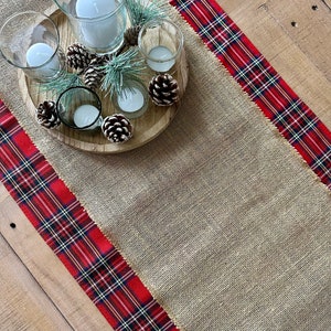 Scottish Christmas Table runner, Rustic Cabin Style Table Runner, Woodland Burlap Dinner Decor, Rustic Tartan Table decor, Farmhouse Decor image 3