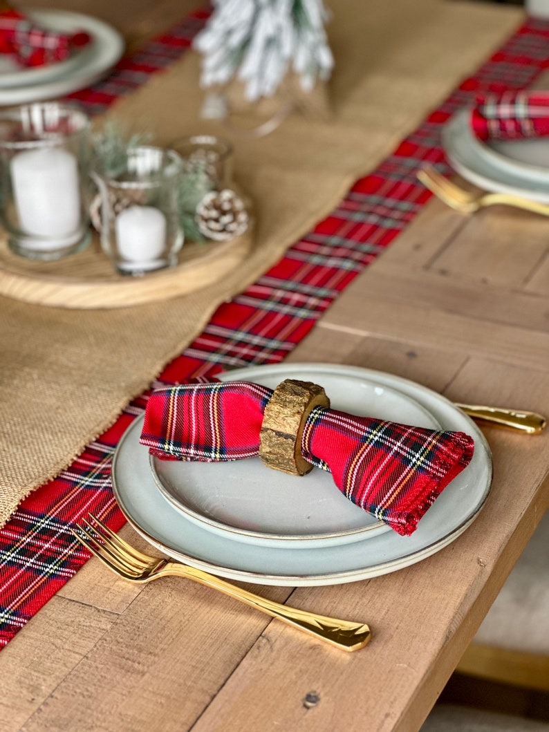 Scottish Christmas Table runner, Rustic Cabin Style Table Runner, Woodland Burlap Dinner Decor, Rustic Tartan Table decor, Farmhouse Decor image 5