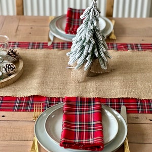 Scottish Christmas Table runner, Rustic Cabin Style Table Runner, Woodland Burlap Dinner Decor, Rustic Tartan Table decor, Farmhouse Decor image 10