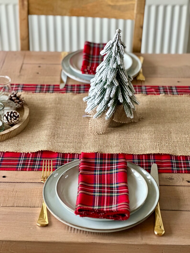 Scottish Christmas Table runner, Rustic Cabin Style Table Runner, Woodland Burlap Dinner Decor, Rustic Tartan Table decor, Farmhouse Decor image 10