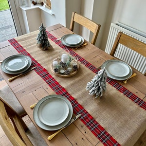 Scottish Christmas Table runner, Rustic Cabin Style Table Runner, Woodland Burlap Dinner Decor, Rustic Tartan Table decor, Farmhouse Decor image 8