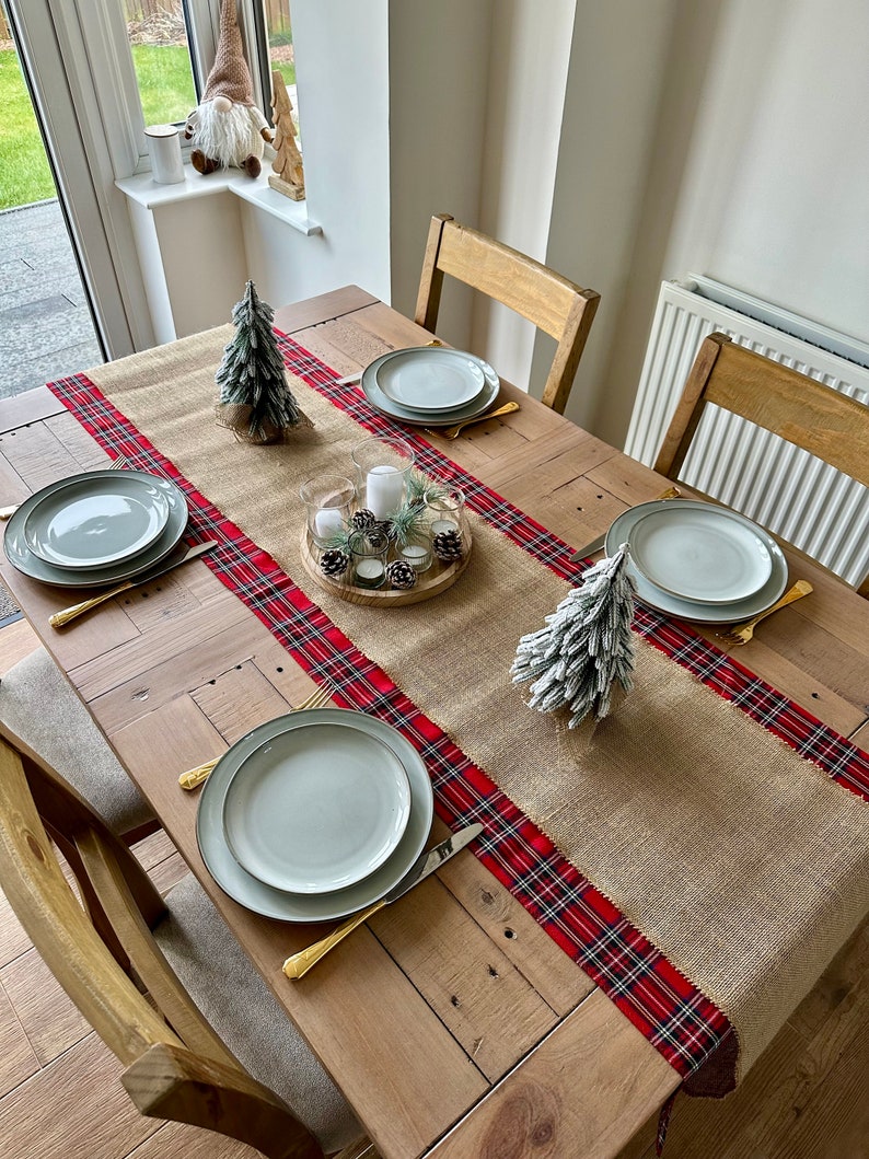 Scottish Christmas Table runner, Rustic Cabin Style Table Runner, Woodland Burlap Dinner Decor, Rustic Tartan Table decor, Farmhouse Decor image 8