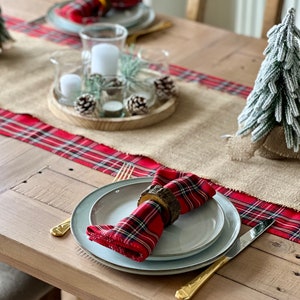 Scottish Christmas Table runner, Rustic Cabin Style Table Runner, Woodland Burlap Dinner Decor, Rustic Tartan Table decor, Farmhouse Decor image 7