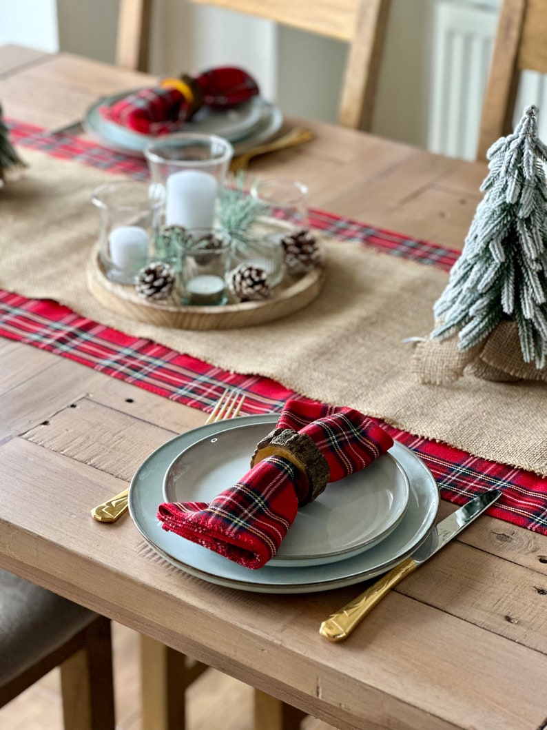 Scottish Christmas Table runner, Rustic Cabin Style Table Runner, Woodland Burlap Dinner Decor, Rustic Tartan Table decor, Farmhouse Decor image 7