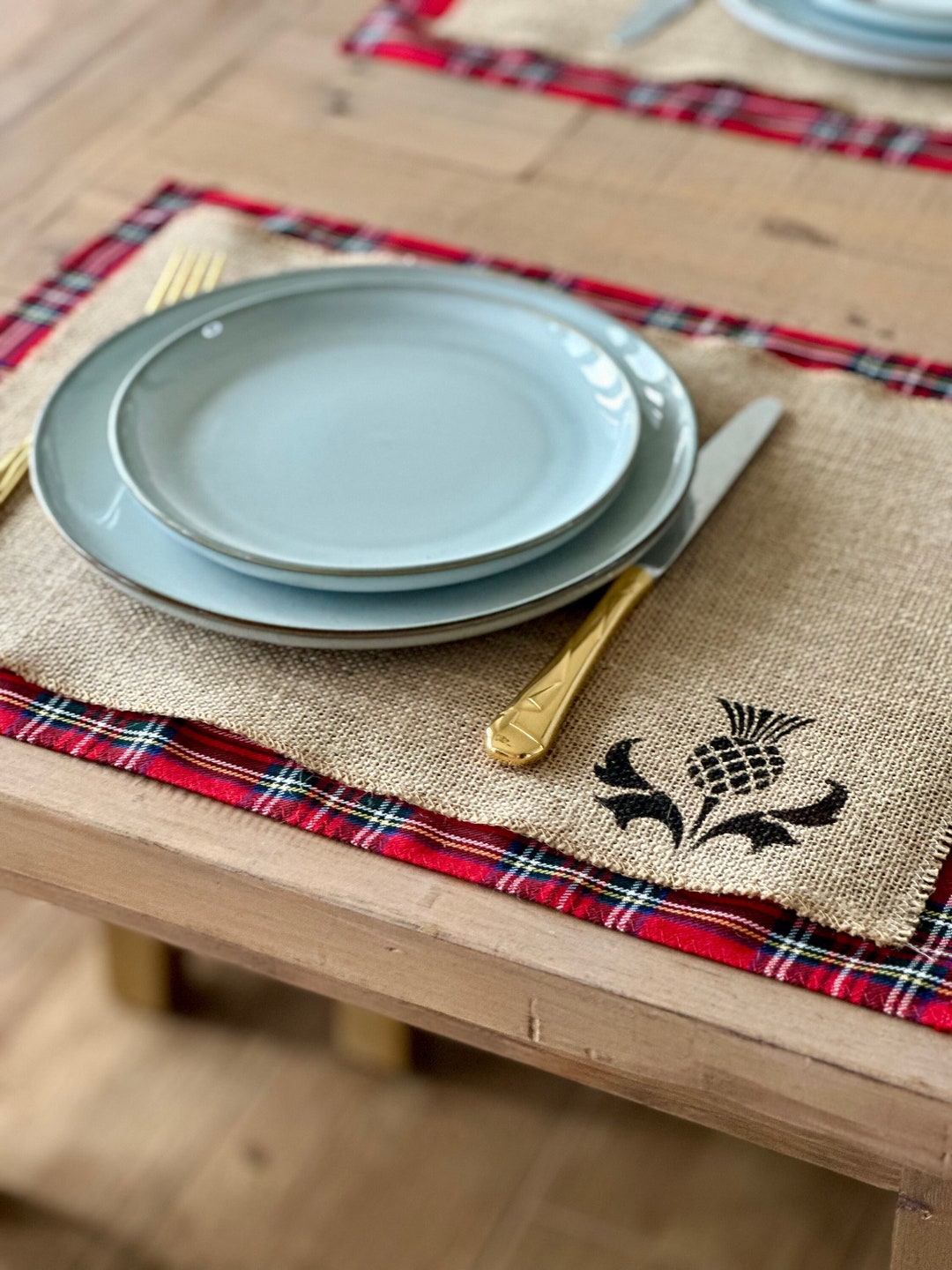 Set of Scottish Thistle Placemats , Christmas Hessian Placemats, Rustic