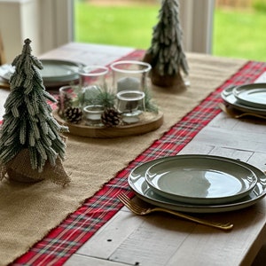 Scottish Christmas Table runner, Rustic Cabin Style Table Runner, Woodland Burlap Dinner Decor, Rustic Tartan Table decor, Farmhouse Decor image 1