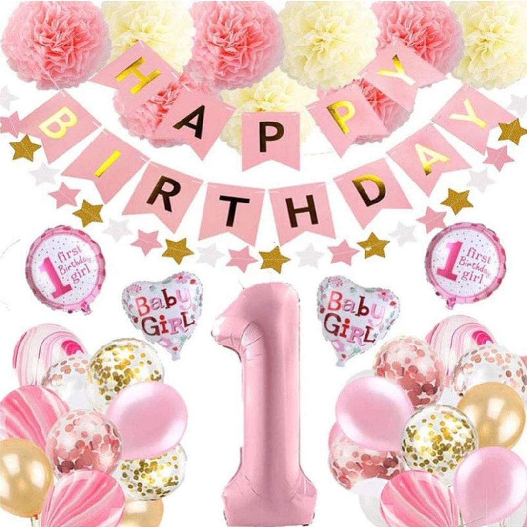 Girls 1st Birthday Decorations Pink Party Set With Pompoms - Etsy