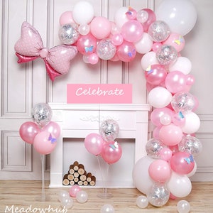 Pink Balloon Arch 100 Pack of Pink, Pastel Pink, Silver Confetti, White Balloons, Bow Tie Foil Balloon and Laser Butterflies for Birthday