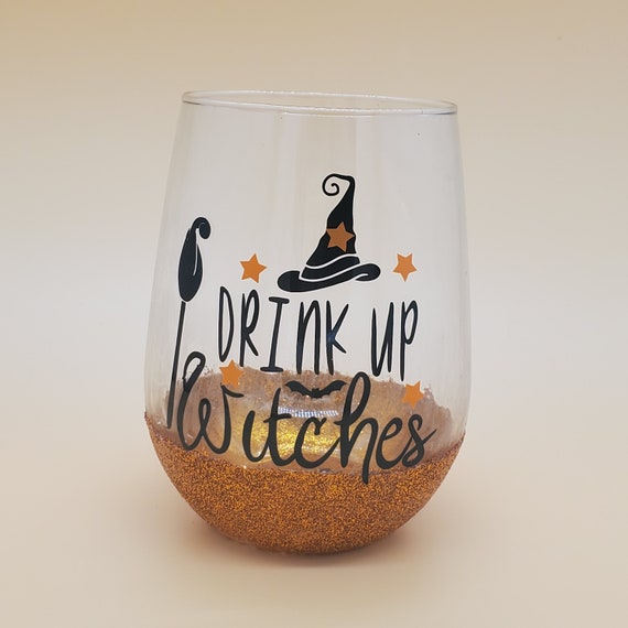 Drink up Witches stemless wine glass, halloween,