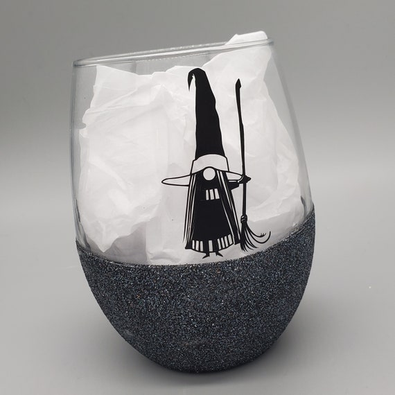 gnome wine glass, stemless wine glass, glitter wine glass