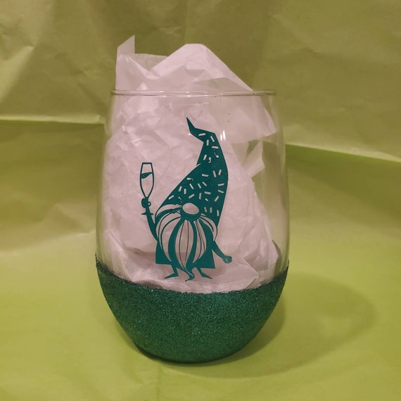 Gnome wine glass,  glitter bottom glass, stemless wine glass