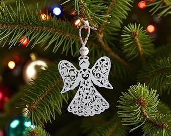 handmade angel ornament, intricate cut laser decoration