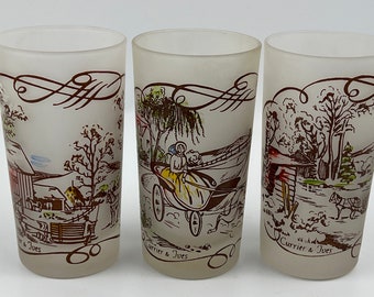 Vintage Currier and Ives Frosted glasses set of 3