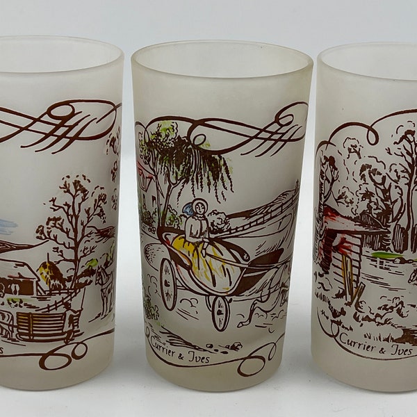 Vintage Currier and Ives Frosted glasses set of 3