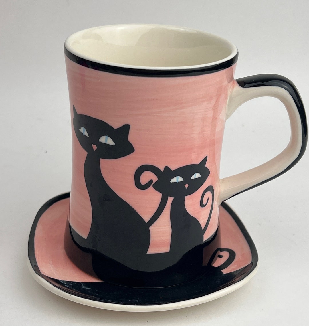 Hues N Brews Pink and Black Cat Coffee/tea Cup Set Etsy