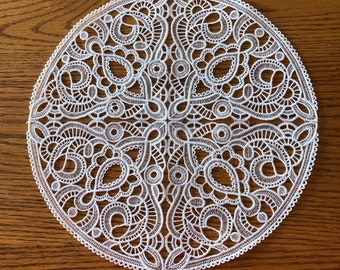 Embroidered White Lace Doily - 10 inch diameter